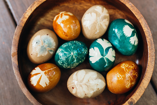 Photo of real Easter eggs that have been hand dyed with leaves and plant dye