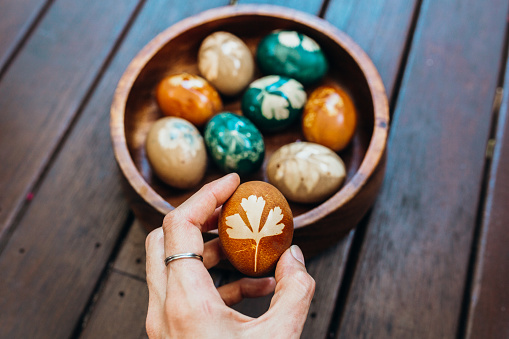 Photo of real Easter eggs that have been hand dyed with leaves and plant dye