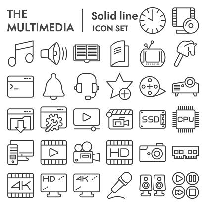 Multimedia line icon set. Audio and video symbols collection, sketches, logo illustrations. Technology web signs. outline style pictograms package isolated on white background. Vector graphics