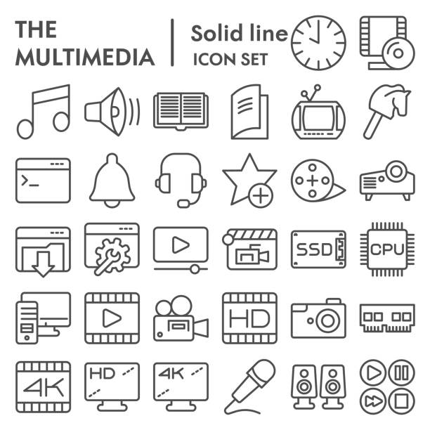 Multimedia line icon set. Audio and video symbols collection, sketches, logo illustrations. Technology web signs. outline style pictograms package isolated on white background. Vector graphics. Multimedia line icon set. Audio and video symbols collection, sketches, logo illustrations. Technology web signs. outline style pictograms package isolated on white background. Vector graphics multimedia illustrations stock illustrations