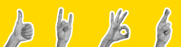 istock Collage in magazine style with hands showing different gestures on yellow background 1210544115