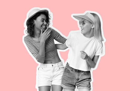 Magazine style collage with two happy young girls in summer clothes on pink background