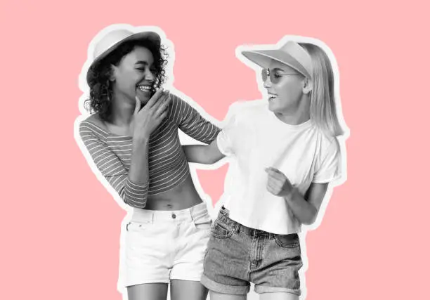 Photo of Collage in magazine style with two happy young girls wearing summer clothes on pink background