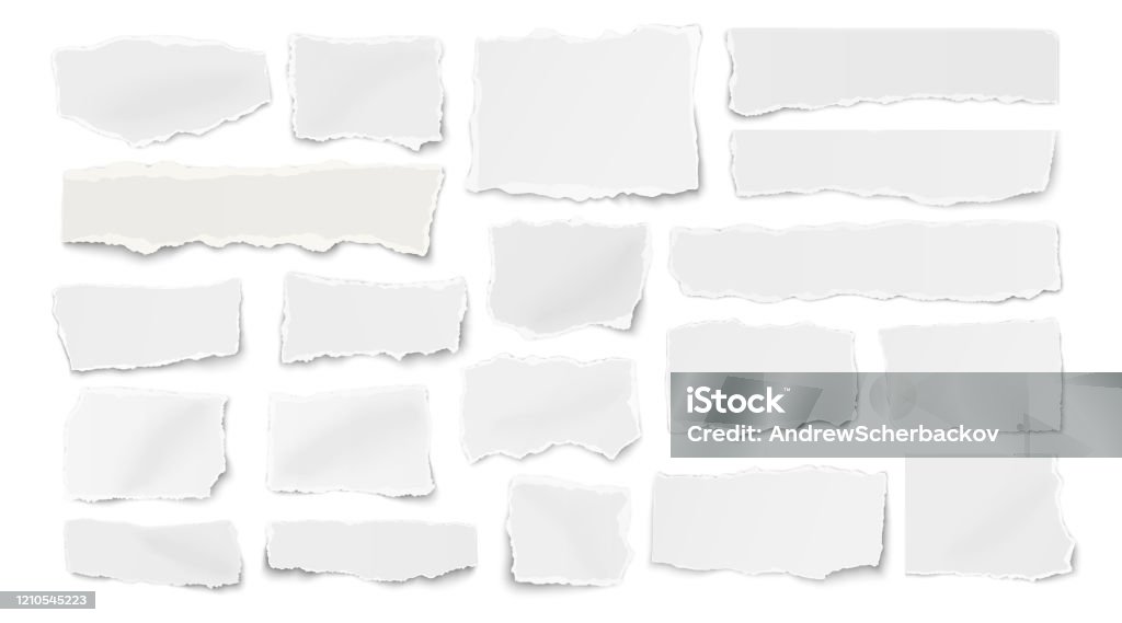 Uppsättning papper olika former rippade rester, fragment, wisps isolerade på vit bakgrund - Royaltyfri Papper vektorgrafik