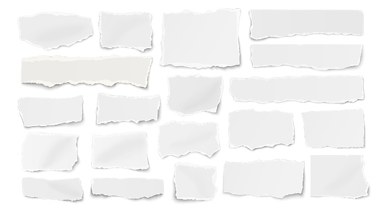 Set of paper different shapes ripped scraps, fragments, wisps isolated on white background