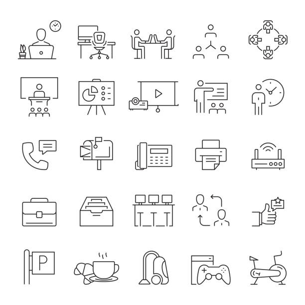 ilustraciones, imágenes clip art, dibujos animados e iconos de stock de conjunto de iconos de línea relacionada con el espacio de trabajo de co. trazo editable. símbolo de contorno simple. - modern office
