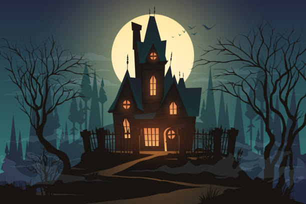 dunkle halloween-haus mit mond - spooky stock-grafiken, -clipart, -cartoons und -symbole