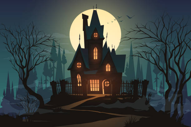 illustrazioni stock, clip art, cartoni animati e icone di tendenza di casa di halloween buia con luna - spettrale