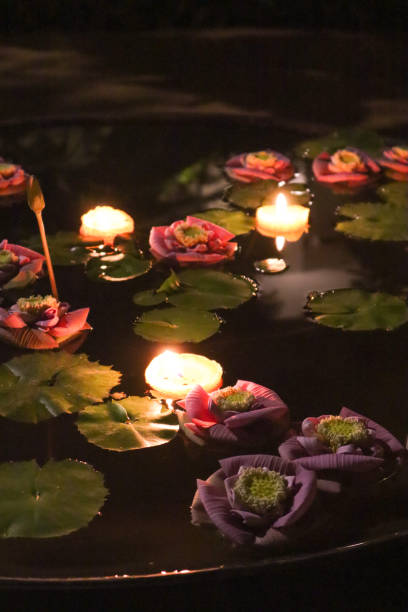 istock Candles floating with Lotus flowers 1210552553