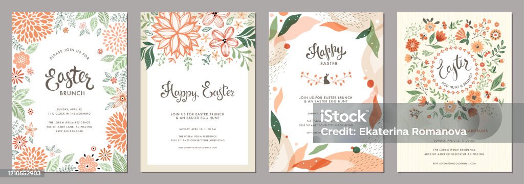 Floral Easter Templates_01 Trendy floral Easter templates. Good for poster, card, invitation, flyer, cover, banner, placard, brochure and other graphic design. Flower stock vector