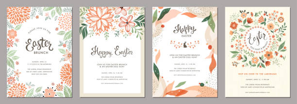 Floral Easter Templates_01 Trendy floral Easter templates. Good for poster, card, invitation, flyer, cover, banner, placard, brochure and other graphic design. pink background illustrations stock illustrations