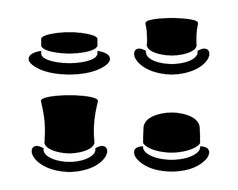 Hats graphic icons set. Boater hat, top hats and bowler hat black signs isolated on white background. Vector illustration