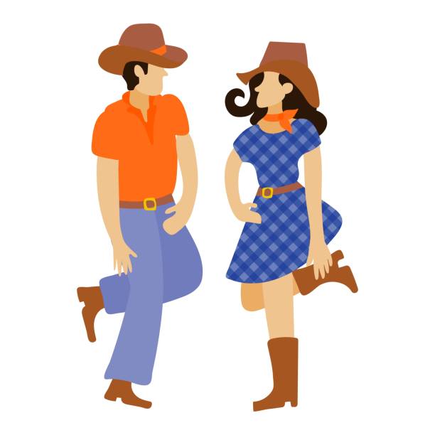 Funny cartoon cowboy and cowgirl dancing in hats and boots in a flat style. Vector illustration isolated on white background for poster design for competition, festival, dance school. Funny cartoon cowboy and cowgirl dancing in hats and boots in a flat style. Vector illustration isolated on white background for poster design for competition, festival, dance school quadrille to stock illustrations