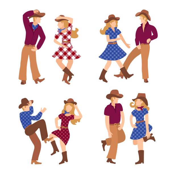 Four couples of cheerful people who dance western dance in boots and traditional American clothes. Vector illustration for competition, dance school poster or party. Four couples of cheerful people who dance western dance in boots and traditional American clothes. Vector illustration for competition, dance school poster or party line dance stock illustrations