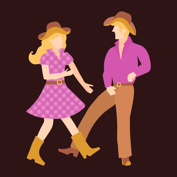 Vector illustration of a guy and a girl in raspberry and brown clothes, hats dancing canry dance. Isolated illustration of a couple of blond and blonde dances western dance on a dark background. Vector illustration of a guy and a girl in raspberry and brown clothes, hats dancing canry dance. Isolated illustration of a couple of blond and blonde dances western dance on a dark background quadrille to stock illustrations
