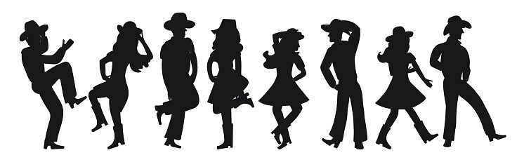 Ilustración de Silueta De Una Pareja Bailando Un Country Western Sobre Un Fondo Blanco Aislado Todas Las Niñas Y Los Niños Bailan Un Baile Americano Incendiario Cuatro Pares Divertidos De Gente De Ilustración de Silueta De Una Pareja Bailando Un Country Western Sobre Un Fondo Blanco Aislado Todas Las Niñas Y Los Niños Bailan Un Baile Americano Incendiario Cuatro Pares Divertidos De Gente De