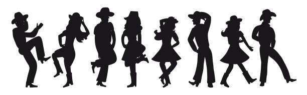 ilustrações de stock, clip art, desenhos animados e ícones de silhouette of a couple dancing a country western on a white isolated background. all girls and boys are dancing an incendiary american dance. four funny pairs of people in black. cowboy hats, boots and dance moves. - polka dancing