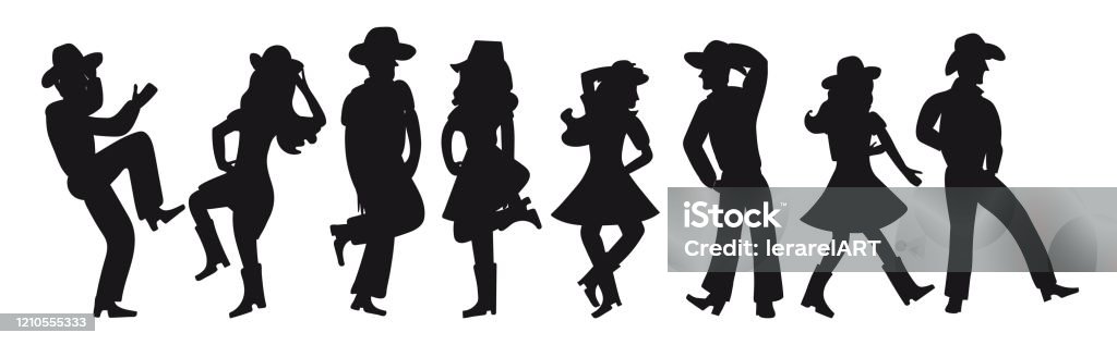 Silhouette Of A Couple Dancing A Country Western On A White Isolated  Background All Girls And Boys Are Dancing An Incendiary American Dance Four  Funny Pairs Of People In Black Cowboy Hats