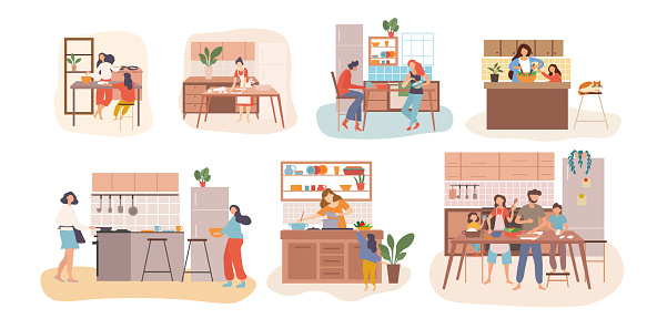 Set of seven kitchen scenes showing people cooking with housewives, kids, young families and couples in different activities, colored vector illustration