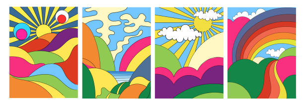 illustrations, cliparts, dessins animés et icônes de ensemble de paysages psychédéliques colorés modernes - affiche illustrations
