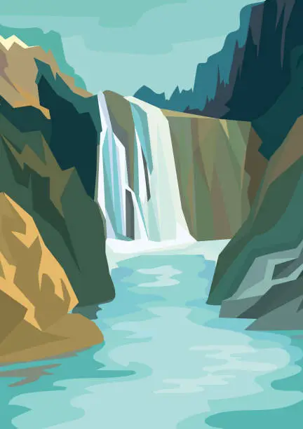 Vector illustration of Beautiful waterfall landscape.