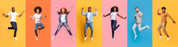 Photo of Collage of cheerful jumping multinational people in air on color background, panorama