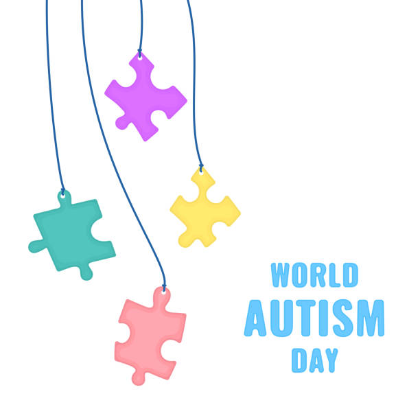 illustrazioni stock, clip art, cartoni animati e icone di tendenza di poster di sensibilizzazione sull'autismo con pezzi di puzzle appesi - design month part of puzzle