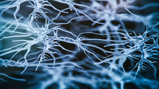 Neuron cells system - 3d rendered image of Neuron cell network on black background. Hologram view  interconnected neurons cells with electrical pulses. Conceptual medical image.  Glowing synapse.  Healthcare concept.