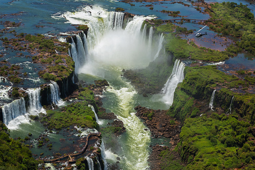 Aerial view of Iguazu Falls, one of the world's great natural wonders, on the border of Brazil and Argentina.