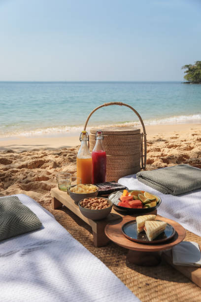 istock Beach Picnic by the sea with snacks and fruit and juice drinks 1210560850