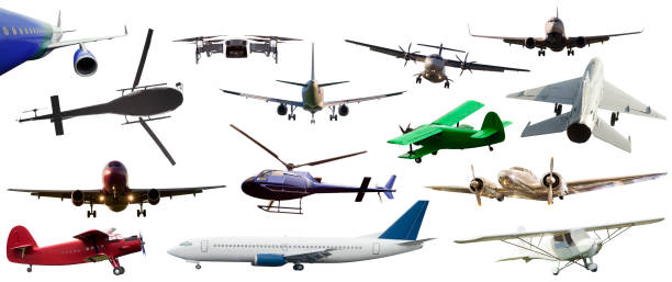 istock set of airplane and helicopter flying isolated on white. 1210562999
