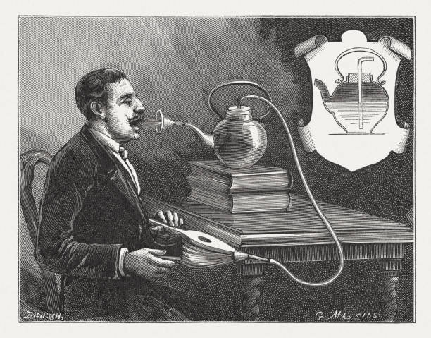 Historic inhalation device for self-use, wood engraving, published in 1895 Historic inhalation device for self-use. Wood engraving, published in 1895. bellows stock illustrations