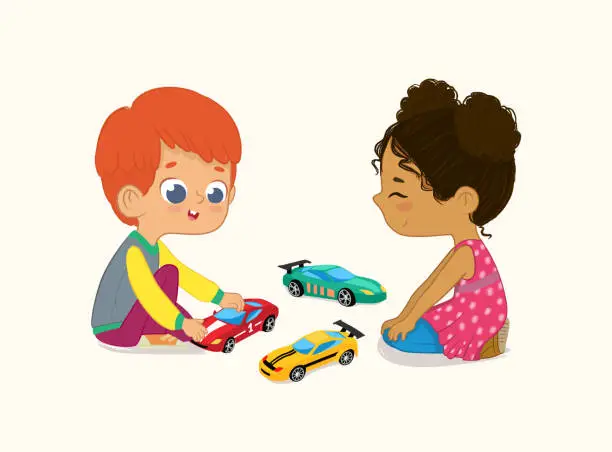 Vector illustration of Illustration of Cute Boy and Girl Playing with Their Toys Cars. Red hair boy shows and shares his Toy Cars to His African-American Friend