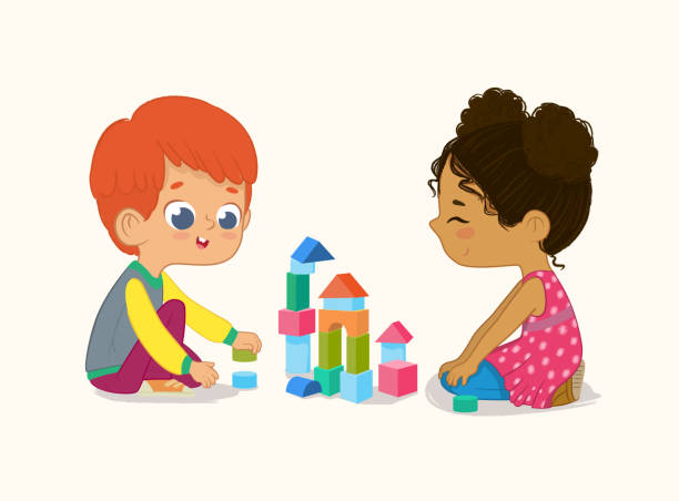 дошкольное red hair boy и афро-американских девочек, играющих с деревянными кирпичами и блоков вместе в детском саду комнате. векторная иллюстра - wood toy block tower stock illustrations