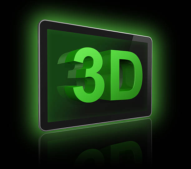 três dimensões do ecrã da televisão com texto 3d - 3dtv imagens e fotografias de stock