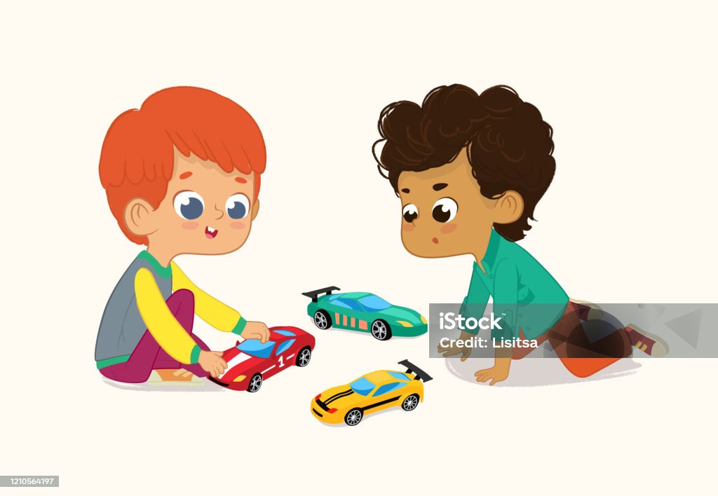Illustration Of Two Cute Boys Playing With Their Toys Cars Red Hair Boy  Shows And Shares His Toy Cars To His Africanamerican Friend Stock  Illustration - Download Image Now - iStock
