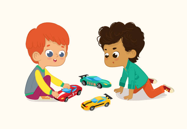 Illustration of two Cute Boys Playing with Their Toys Cars. Red hair boy shows and shares his Toy Cars to His African-American Friend. Illustration of two Cute Boys Playing with Their Toys Cars. Red hair boy shows his Toy Cars to His African-American Friend. kid toy car stock illustrations