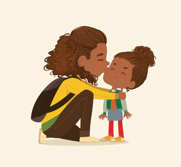 Illustration Of A Mother Gives A Goodbye Kiss To Her Daughter African  American Mum Gives Kiss To The Child At The School Door Preschool Girl Say  Hello To Mom At School Vector
