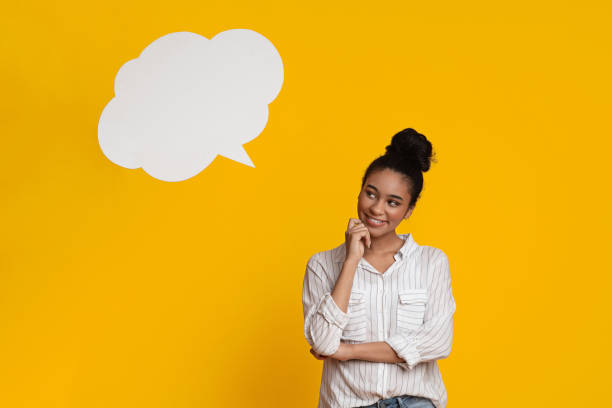 istock Pensive Woman On Yellow Background With Empty Speach Bubble Above Head 1210565861