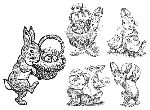 Pen and ink illustrations of the Easter Bunny for the religious Holiday