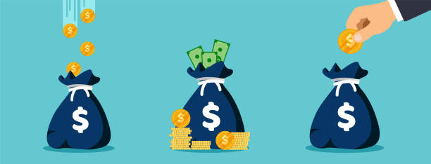 Money bags with coins and dollar cash. Money bags with coins and dollar cash. Hand put coin into the moneybag. Vector illustration. bag of coins stock illustrations