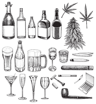 Pen and ink illustrations of Social Issues, Vices, Bad Habits, Smoking, Drinking, Recreational Drugs. Group of objects