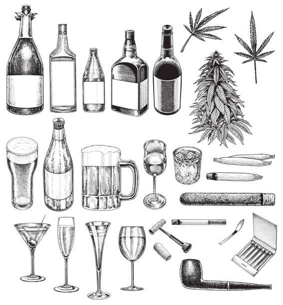 Social Issues, Vices, Bad Habits, Smoking, Drinking, Recreational Drugs Pen and ink illustrations of Social Issues, Vices, Bad Habits, Smoking, Drinking, Recreational Drugs. Group of objects whiskey illustrations stock illustrations