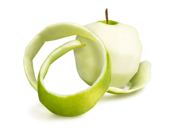 istock Peeled apple with peel on a white background 1210567748