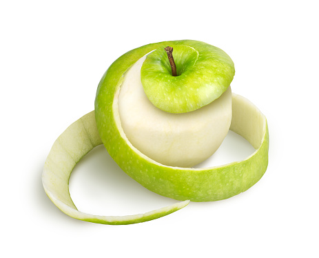Peeled apple with peel on a white background