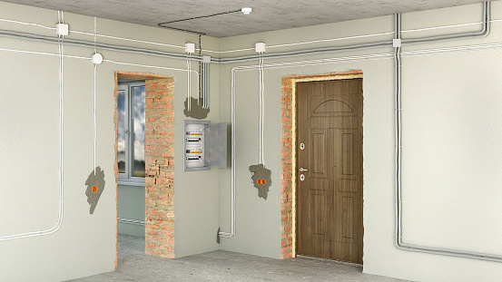 Electrical wiring and switch box in renovating house, 3d illustration