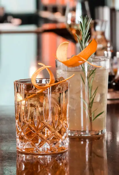 Variety of chic Cocktail classics on bar counter