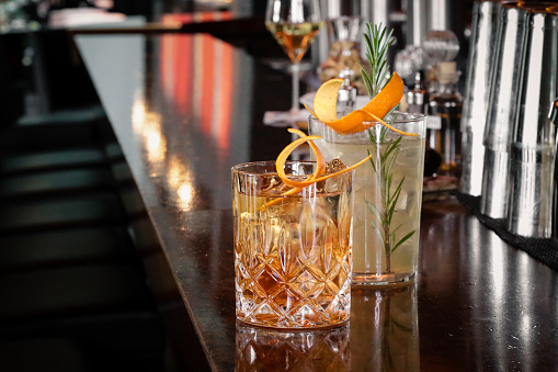 Variety of chic Cocktail classics on bar counter