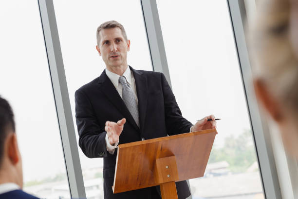 istock The CEO speech about new company project in convention 1210570776