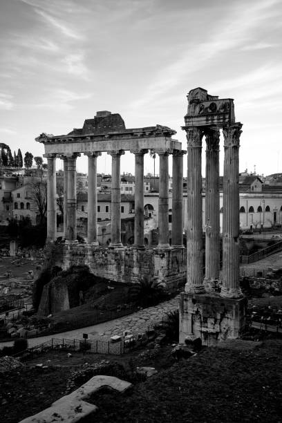 Rome, Italy, Europe, 10/27/2019: image of the Temple of Saturn from via dell'Arco di Settimio